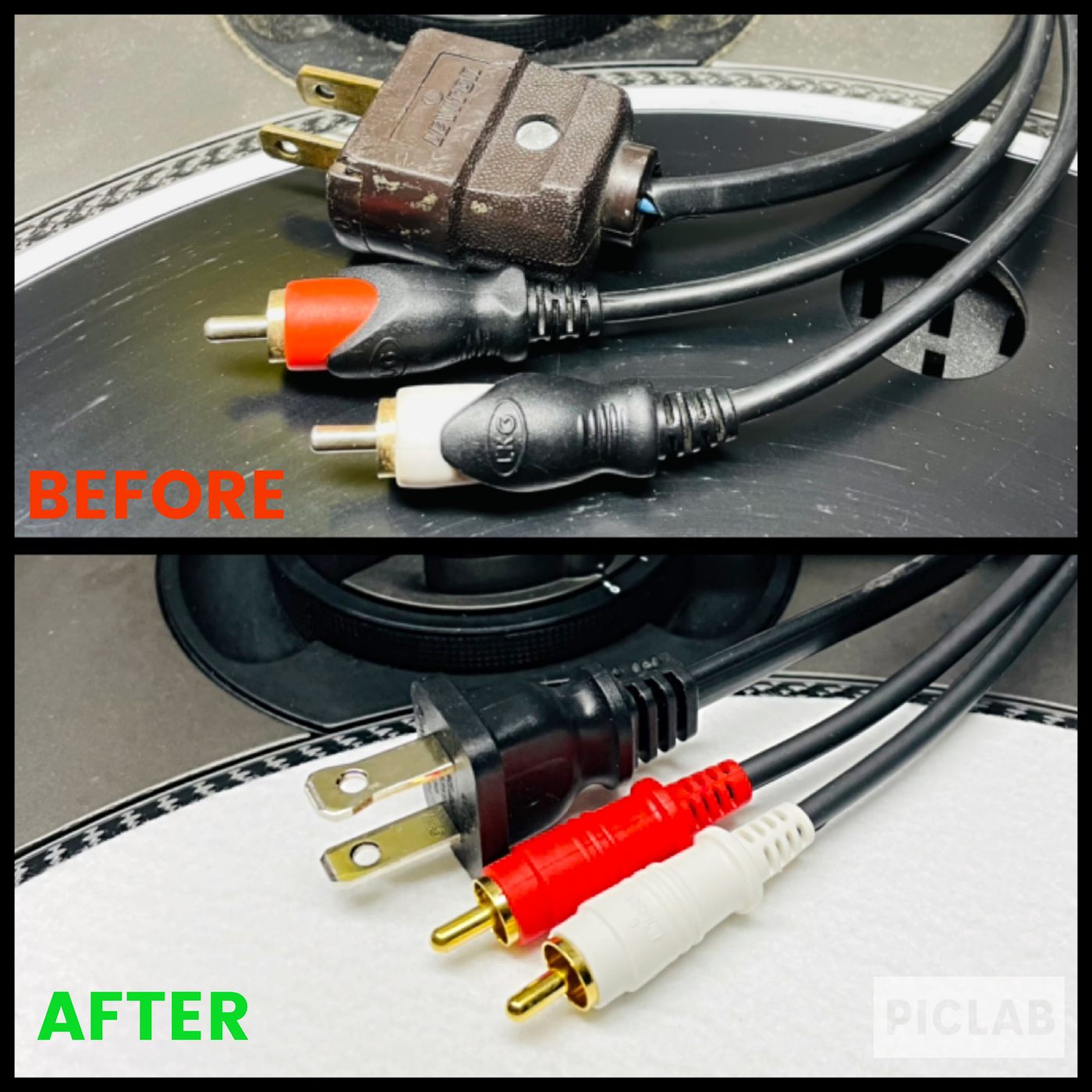 Turntable power and RCA cables before and after rewiring