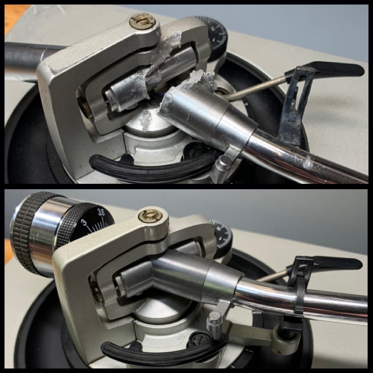 Cracked turntable headshell before and after repair