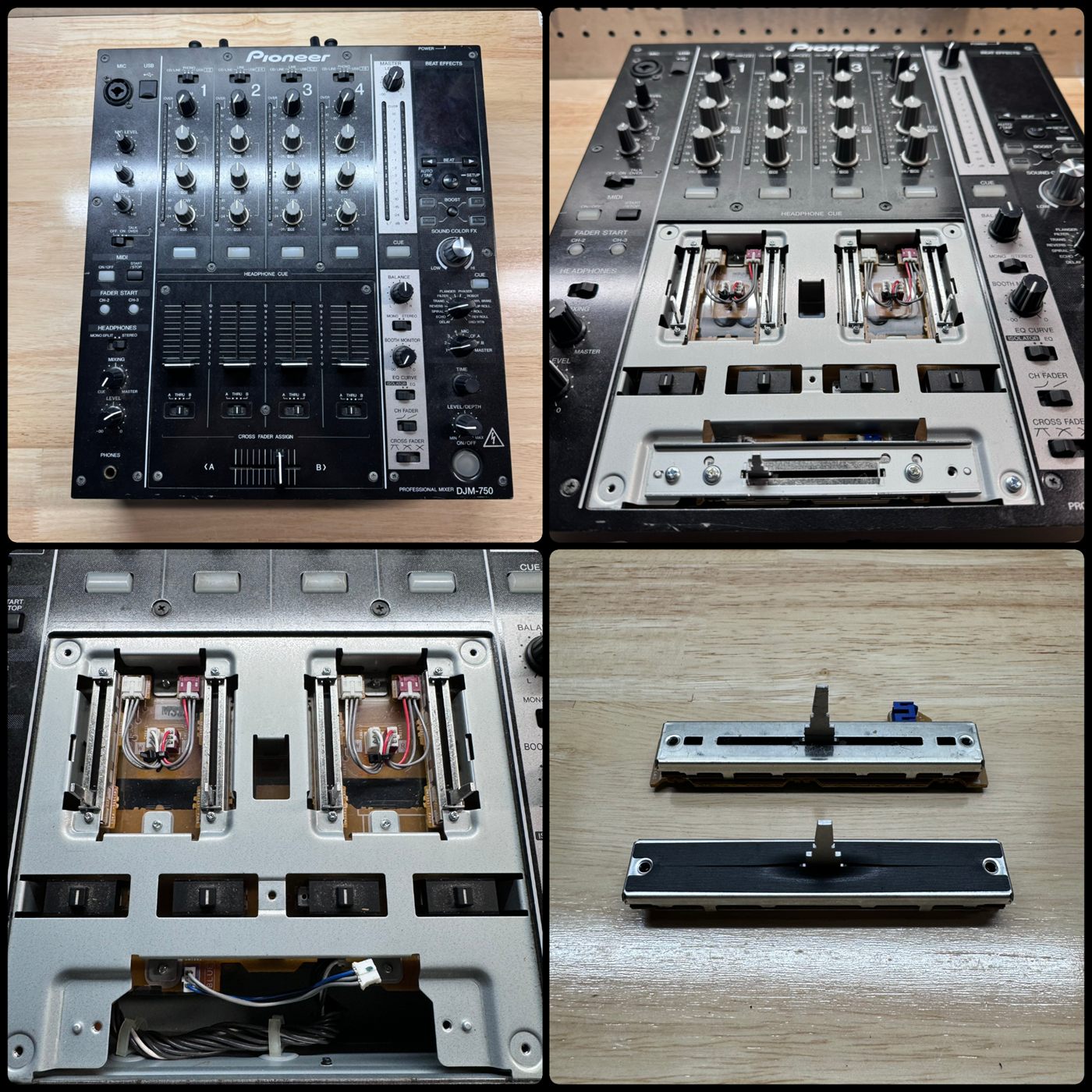 Pioneer DJM-750 mixer opened for channel fader replacement