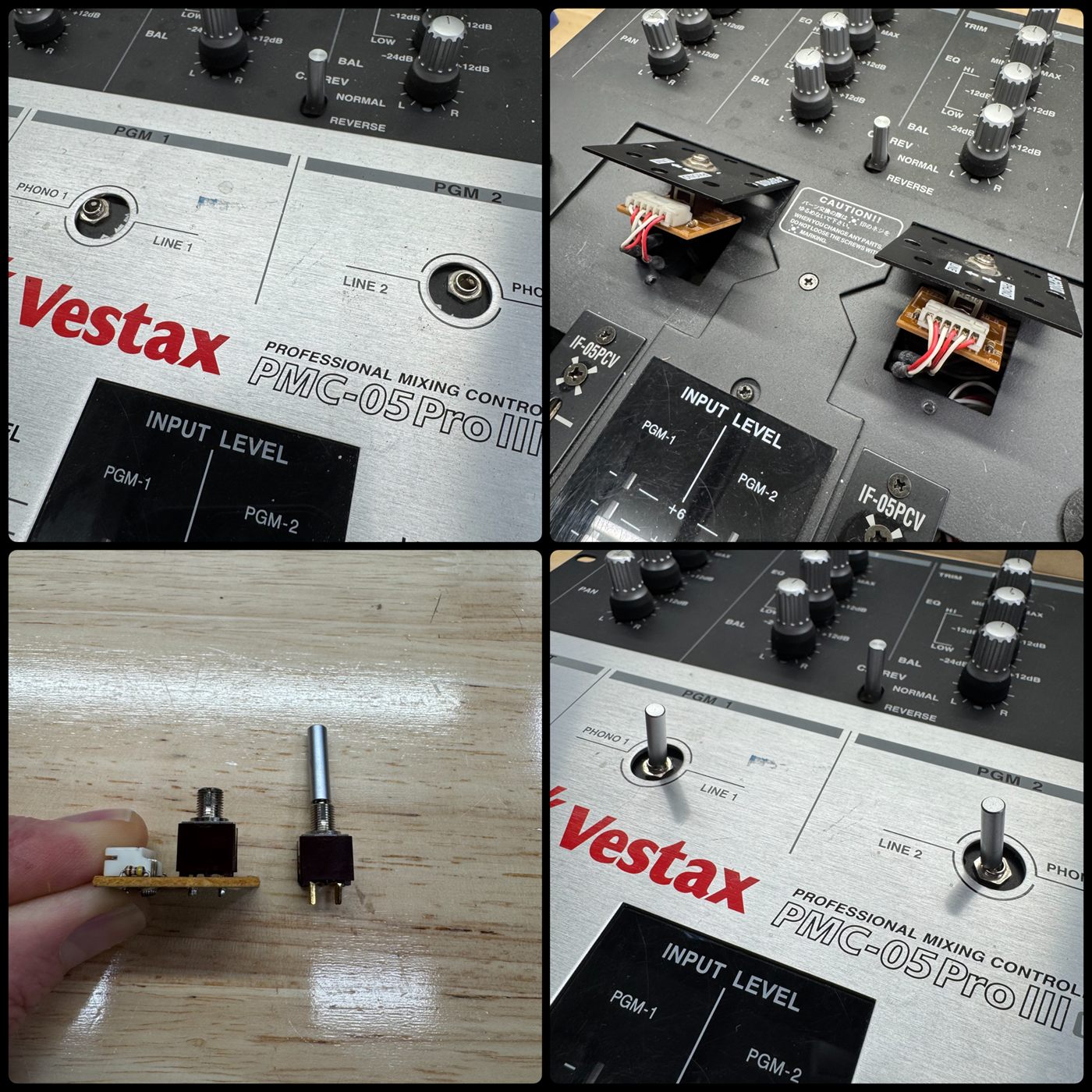 Vestax PMC-05 Pro III mixer opened for switch and potentiometer replacement