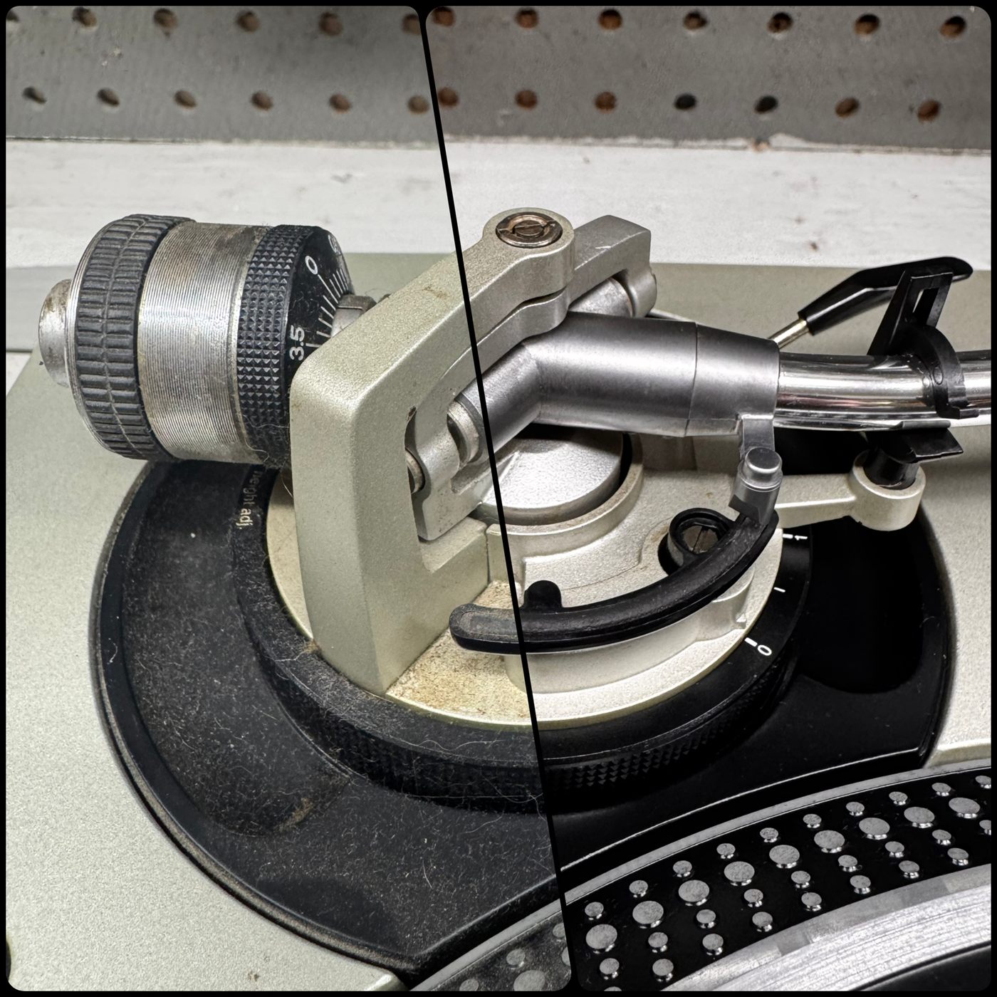 Technics 1200 tonearm assembly before and after cleaning and polishing