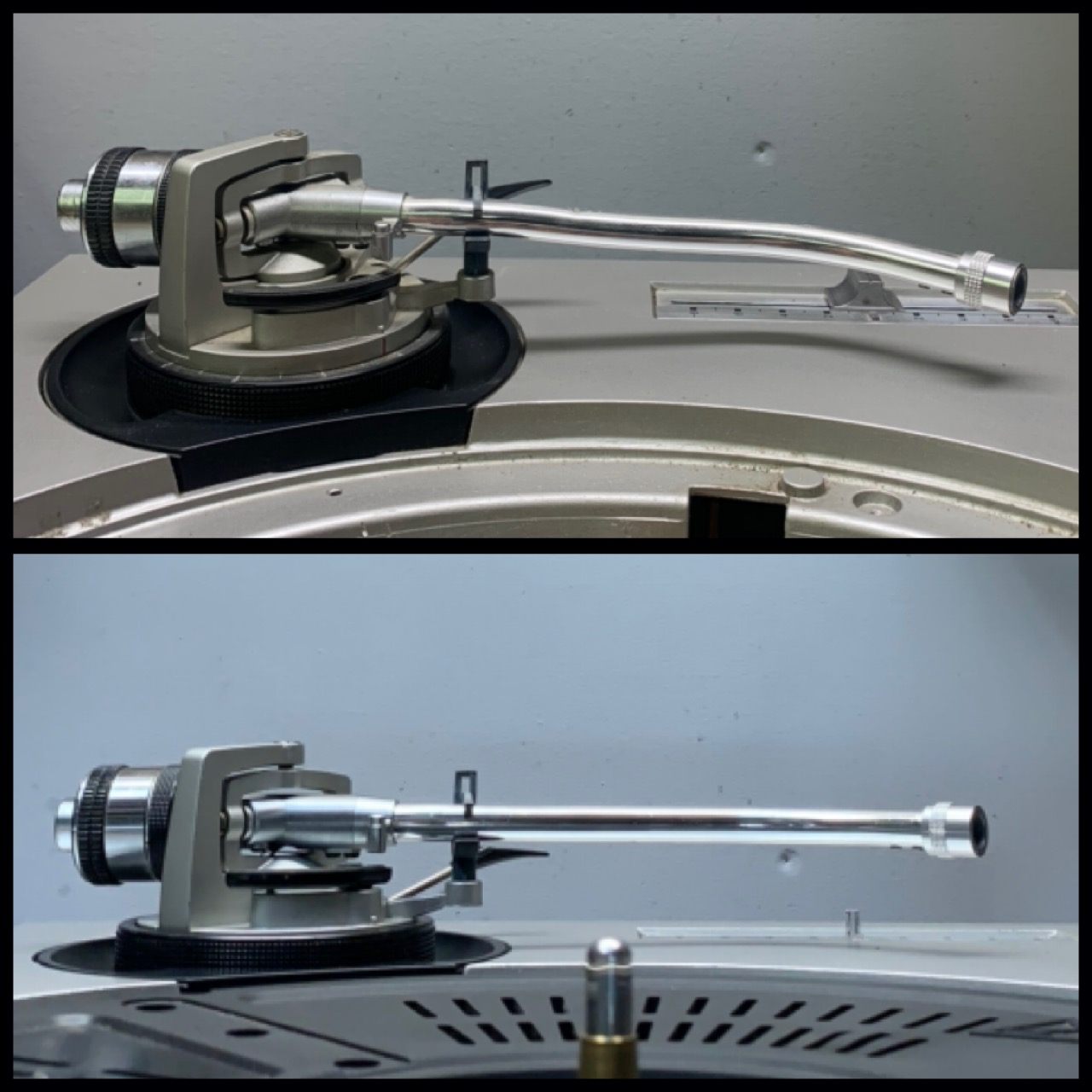 Turntable tonearm before and after cosmetic restoration
